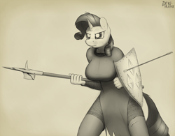 Size: 1280x1000 | Tagged: safe, artist:devs-iratvs, imported from derpibooru, rarity, anthro, armor, blood, breasts, busty rarity, chainmail, female, halberd, monochrome, shield, sketch, solo, weapon