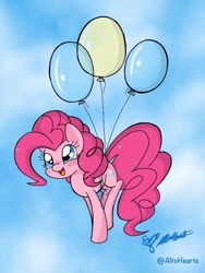 Size: 768x1024 | Tagged: safe, artist:altohearts, imported from derpibooru, pinkie pie, earth pony, pony, balloon, blushing, cute, diapinkes, female, flying, mare, open mouth, sky, solo, then watch her balloons lift her up to the sky