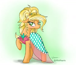 Size: 1664x1432 | Tagged: safe, artist:altohearts, imported from derpibooru, applejack, applejewel, blushing, clothes, dress, duckface, female, raised hoof, solo