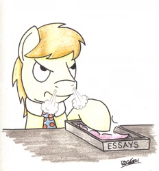 Size: 1509x1624 | Tagged: safe, artist:bobthedalek, imported from derpibooru, oc, oc only, oc:kettle master, pony, annoyed, essay, frown, glare, necktie, paperwork, snorting, solo, tray