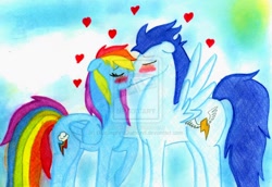 Size: 1024x706 | Tagged: dead source, safe, artist:blusaphiradiamond, imported from derpibooru, rainbow dash, soarin', deviantart watermark, female, kissing, male, obtrusive watermark, shipping, soarindash, straight, traditional art, watermark