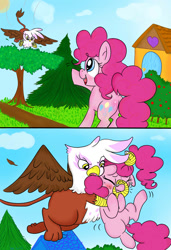 Size: 1024x1500 | Tagged: safe, artist:therainbowtroll, imported from derpibooru, gilda, pinkie pie, earth pony, griffon, pony, blushing, comic, female, food chain, griffons doing griffon things, kidnapped, mare, pinkiebuse, predator, prey, sweat