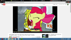 Size: 1366x768 | Tagged: safe, artist:awfulfawfulthefalafe, artist:awfulfawfulthefalafle, artist:imnotawreckingball, imported from derpibooru, screencap, apple bloom, krusty krab training video, meme, out of context, spingebill, spongebob squarepants, wat, what did i just watch, youtube caption, youtube poop