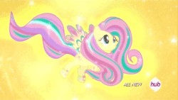 Size: 576x324 | Tagged: safe, imported from derpibooru, screencap, fluttershy, twilight's kingdom, animated, female, hub logo, hubble, long mane, long tail, rainbow power, rainbow power-ified, solo, sparkles, spread wings, the hub, windswept mane