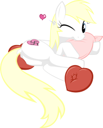 Size: 2417x3000 | Tagged: safe, artist:accu, artist:mysticalpha, edit, imported from derpibooru, oc, oc only, oc:aryanne, earth pony, pony, aryanbetes, bed, biting, blonde, butt, cute, dock, heart, hug, looking at you, nazi, nom, on side, pillow, plot, romantic, side, smiling, solo, swastika, wink