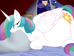 Size: 1280x960 | Tagged: safe, artist:m-p-l, imported from derpibooru, princess celestia, princess luna, annoyed, bed, bedroom eyes, frown, looking at you, pillow, preglestia, pregnant, prone, scrunchy face, smiling, story included, tired, unamused