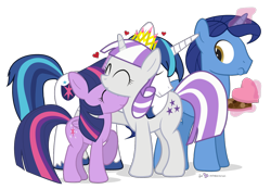 Size: 1290x900 | Tagged: safe, artist:dm29, imported from derpibooru, night light, shining armor, twilight sparkle, twilight velvet, alicorn, pony, unicorn, chocolate, cute, eating, female, heart, hug, magic, mare, mother's day, neck hug, new crown, simple background, sparkle family, transparent background, trio, twiabetes, twilight sparkle (alicorn)