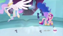 Size: 1280x720 | Tagged: safe, imported from derpibooru, screencap, princess cadance, princess celestia, princess luna, twilight's kingdom, alicorn triarchy, animation error, hub logo, trio