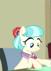 Size: 233x324 | Tagged: safe, imported from derpibooru, screencap, coco pommel, pony, twilight's kingdom, animated, chair, cocobetes, cropped, cute, fabric, female, manehattan, sewing, sitting, smiling, solo, working