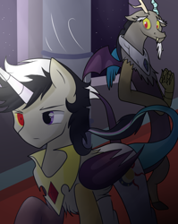 Size: 666x838 | Tagged: safe, artist:hikariviny, imported from derpibooru, discord, oc, oc:chaotic, hybrid, disappointed, frown, heterochromia, interspecies offspring, like father like son, like parent like child, offspring, parent:discord, parent:princess celestia, parents:dislestia, sad