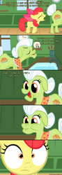 Size: 1050x2955 | Tagged: safe, artist:navitaserussirus, imported from derpibooru, apple bloom, granny smith, applebuse, comic, cute, implied abuse, kitchen sink, scrunchy face, vulgar