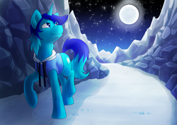 Size: 4093x2894 | Tagged: safe, artist:pixel-prism, imported from derpibooru, oc, oc only, oc:light shine, pony, unicorn, adventure, journey, male, moon, moonlight, mountain, night, solo, stallion, trotting