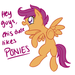 Size: 700x700 | Tagged: artist needed, safe, imported from derpibooru, scootaloo, caption, female, pointing, solo