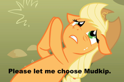 Size: 944x623 | Tagged: safe, imported from derpibooru, applejack, mudkip, applepray, female, image macro, meme, pokémon, solo