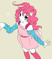 Size: 576x655 | Tagged: safe, artist:pasikon, imported from derpibooru, pinkie pie, human, blushing, clothes, cute, diapinkes, dress, female, heart, humanized, looking at you, simple background, solo