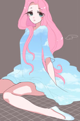 Size: 500x750 | Tagged: safe, artist:pasikon, imported from derpibooru, fluttershy, human, clothes, dress, female, humanized, sky, solo, surreal