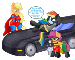 Size: 2142x1725 | Tagged: safe, artist:blackbewhite2k7, imported from derpibooru, applejack, rainbow dash, scootaloo, earth pony, pegasus, pony, app-el, applebucking thighs, arm behind head, batman, batman and robin, batman the animated series, batmare, batmobile, brush, bucket, car, cleaning, crossover, dc comics, grin, lazy, lying down, mouth hold, on back, robin, robinloo, simple background, smiling, suds, superhero, superman, supermare, sweat, sweatdrop, transparent background, vector