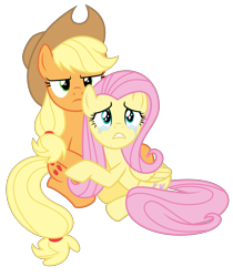 Size: 6000x7141 | Tagged: safe, artist:masem, imported from derpibooru, applejack, fluttershy, earth pony, pegasus, pony, twilight's kingdom, .svg available, absurd resolution, applejack is not amused, applejack's hat, cowboy hat, crying, duo, duo female, female, hat, sad, simple background, sitting, teeth, transparent background, unamused, vector