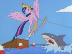 Size: 450x338 | Tagged: artist needed, safe, imported from derpibooru, twilight sparkle, alicorn, pony, shark, female, jumping the shark, majestic as fuck, mare, op is trying to start shit, the simpsons, twilight sparkle (alicorn), water skiing