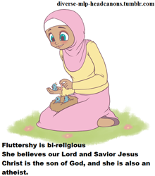 Size: 512x583 | Tagged: safe, artist:jun-k-tastic, edit, imported from derpibooru, fluttershy, bird, human, worm, atheism, christianity, contradiction, diverse-mlp-headcanons, female, headcanon, hijab, humanized, islam, islamashy, low quality bait, missing the point, nest, nonsense, op is a duck, op is trying to start shit, paradox, parody, religion, religious, solo, wat