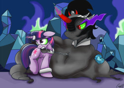 Size: 900x636 | Tagged: dead source, safe, artist:mistydash, imported from derpibooru, king sombra, twilight sparkle, hutt, umbrum, bedroom eyes, bondage, chains, collar, crystal heart, cuffs, fat, female, femsub, floppy ears, gritted teeth, horn ring, jabba the hutt, magic, magic suppression, male, maledom, shipping, slave, smiling, somblob, sombra eyes, star wars, straight, submissive, twibra, wide eyes