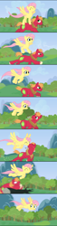 Size: 2500x9884 | Tagged: safe, artist:anarchemitis, imported from derpibooru, big macintosh, fluttershy, earth pony, pegasus, pony, ^^, boop, comic, cute, eye contact, eyes closed, fluttermac, fluttershy riding big macintosh, flying, galloping, gliding, log, looking back, male, noseboop, nuzzling, ponies riding ponies, riding, running, shipping, smiling, stallion, straight, wide eyes