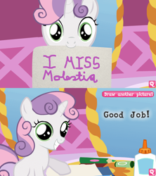 Size: 800x900 | Tagged: safe, imported from derpibooru, princess celestia, sweetie belle, pony, unicorn, princess molestia, approved, coloring with sweetie belle, exploitable meme, grin, happy, implied princess celestia, implied princess molestia, implied rarity, looking at you, meme, mouth hold, mouthpiece, show accurate, smiling