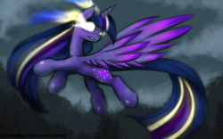 Size: 1000x625 | Tagged: safe, artist:kairaanix, imported from derpibooru, twilight sparkle, alicorn, pony, twilight's kingdom, cloud, cloudy, female, flying, glowing eyes, gritted teeth, mare, rainbow power, sky, solo, spread wings, super saiyan princess, twilight sparkle (alicorn)