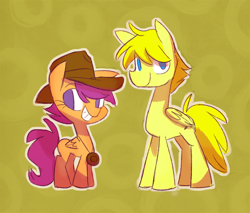 Size: 800x681 | Tagged: safe, artist:herny, imported from derpibooru, scootaloo, abstract background, duo, full body, happy, hat, jewelry, looking at you, looking back, necklace, no catchlights, no pupils, outline, scootalootheadventurer, side by side, side view, smiling, white outline