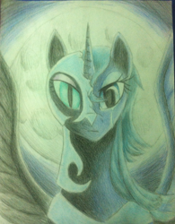 Size: 1903x2442 | Tagged: safe, artist:esnnoirlyltoc, imported from derpibooru, nightmare moon, princess luna, alicorn, pony, armor, bust, crying, dual persona, duality, female, helmet, mare, moon, peytral, portrait, solo, spread wings, traditional art, wings