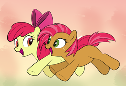 Size: 964x661 | Tagged: safe, artist:mn27, imported from derpibooru, apple bloom, babs seed, earth pony, pony, adorababs, adorabloom, cousins, cute, duo, duo female, female, filly, foal, looking at each other, looking at someone, open mouth, open smile, running, smiling