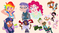 Size: 1280x729 | Tagged: safe, artist:sugaryboogary, imported from derpibooru, maud pie, pinkie pie, rainbow dash, rarity, spike, twilight sparkle, bird, cat, human, iguana, armpits, biskit twins, blythe baxter, brittany biskit, crossover, dark skin, humanized, littlest pet shop, minka mark, species swap, sunil nevla, vinnie terrio, whittany biskit