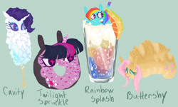 Size: 1280x768 | Tagged: safe, artist:sugaryboogary, imported from derpibooru, fluttershy, rainbow dash, rarity, twilight sparkle, food pony, original species, drink, food, pun