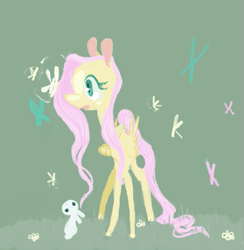 Size: 651x666 | Tagged: safe, artist:sugaryboogary, imported from derpibooru, angel bunny, fluttershy, butterfly, pony, female, folded wings, looking at something, solo, wings