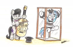 Size: 1834x1171 | Tagged: safe, artist:bobthedalek, imported from derpibooru, dj pon-3, octavia melody, vinyl scratch, earth pony, pony, unicorn, backwards cutie mark, busking, cello, clothes, duo, female, glass case, hat, musical instrument, top hat