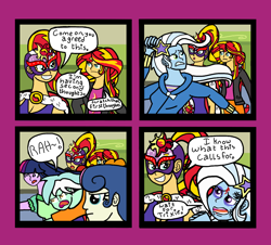 Size: 1338x1208 | Tagged: safe, artist:oneovertwo, imported from derpibooru, bon bon, lyra heartstrings, sunset shimmer, sweetie drops, trixie, twilight sparkle, comic:trixie enemy of, comic:trixie enemy of a rare situation, equestria girls, comic, luchador, trixie enemy of, trixie enemy of a rare situation