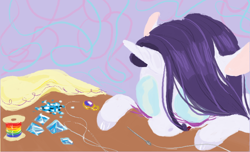 Size: 788x478 | Tagged: safe, artist:sugaryboogary, imported from derpibooru, rarity, cloth, female, gem, messy mane, needle, rainbow thread, solo, table, thread, working