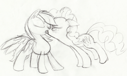 Size: 983x593 | Tagged: safe, artist:kittyhawk-contrail, imported from derpibooru, pinkie pie, rainbow dash, earth pony, pegasus, pony, duo, female, kissing, lesbian, mare, monochrome, pinkiedash, shipping