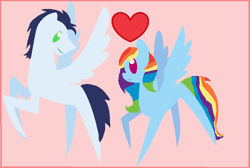 Size: 780x524 | Tagged: safe, artist:aurora456, imported from derpibooru, rainbow dash, soarin', alternate hairstyle, female, heart, male, pointy ponies, raised leg, shipping, smiling, soarindash, spread wings, straight