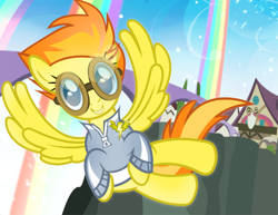 Size: 900x695 | Tagged: safe, artist:pixelkitties, imported from derpibooru, spitfire, pegasus, pony, rainbow falls, female, goggles, kelly metzger, pixelkitties' brilliant autograph media artwork, solo, warmup suit