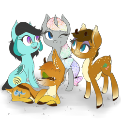 Size: 1024x1024 | Tagged: safe, artist:grandifloru, imported from derpibooru, oc, oc only, oc:clover bud, oc:crescent call, oc:mist chaser, oc:prism, bat pony, deer pony, original species, pony, unicorn, gazelle pony, simple background, transparent background