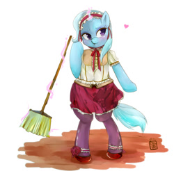 Size: 999x984 | Tagged: safe, artist:girlieginger, imported from derpibooru, trixie, pony, bipedal, broom, clothes, female, heart, maid, solo