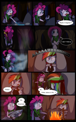 Size: 1024x1638 | Tagged: safe, artist:fj-c, imported from derpibooru, pinkie pie, rainbow dash, fish, ghost, human, belly button, comic, dead, dialogue, eating, fantasy equestria, fire, humanized, midriff, pony coloring, wide eyes