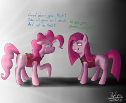 Size: 2560x2100 | Tagged: safe, artist:partes, imported from derpibooru, pinkie pie, confrontation, dr jekyll and mr hyde, dr pinkie and miss pie, duality, duo, pinkamena diane pie