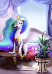 Size: 724x1024 | Tagged: safe, artist:cannibalus, imported from derpibooru, princess celestia, alicorn, pony, cup, disgusted, fanfic art, female, food, mare, morning, pillow, plant, pouring, princess celestia hates tea, sitting, solo, spread wings, table, tea, teacup, tongue out, wings