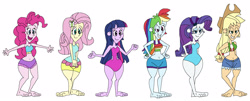 Size: 3649x1469 | Tagged: safe, artist:hunterxcolleen, imported from derpibooru, applejack, fluttershy, pinkie pie, rainbow dash, rarity, twilight sparkle, equestria girls, belly button, bikini, clothes, humanized, mane six, shorts, swimsuit