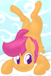 Size: 1360x2000 | Tagged: safe, artist:lamia, imported from derpibooru, scootaloo, cloud, cloudy, cute, cutealoo, female, legs in air, looking at you, sky, smiling, solo