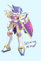 Size: 600x892 | Tagged: safe, artist:incinerater, imported from derpibooru, shining armor, male, mecha, shield, solo