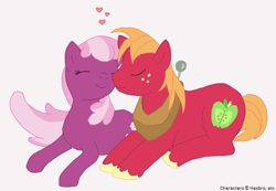 Size: 602x417 | Tagged: safe, artist:samcybercat, imported from derpibooru, big macintosh, cheerilee, earth pony, pony, cheerimac, eyes closed, heart, male, shipping, stallion, straight