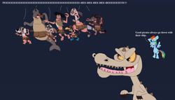 Size: 6641x3801 | Tagged: safe, artist:hunterxcolleen, imported from derpibooru, rainbow dash, ape, badger, bird, boar, dinosaur, kangaroo, pegasus, pony, rabbit, seal, animal, barrel, baryonyx, blue-footed booby, captain gutt, chamitataxus, clothes, crossover, dobson, elephant seal, flynn, gigantopithecus, gupta, ice age, ice age 3: dawn of the dinosaurs, ice age 4: continental drift, palaeolagus, parody, peter pan, pirate, procoptodon, raz, rudy, silas, squint, squint (ice age), this will end in death, tutu